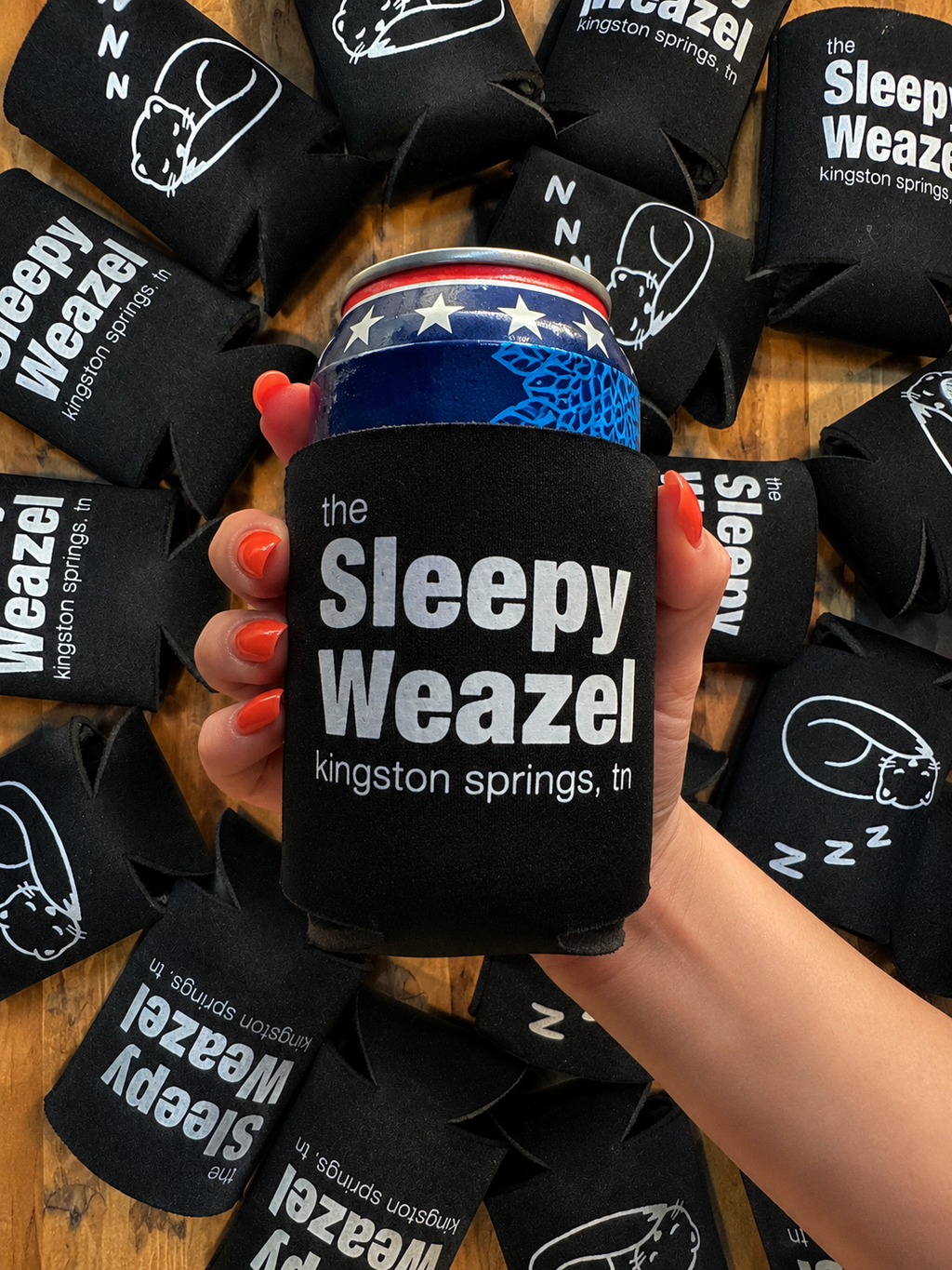 the Sleepy Weazel Koozie
