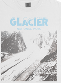 White crew neck tee with Glacier National Park mountain graphic and icy blue typography